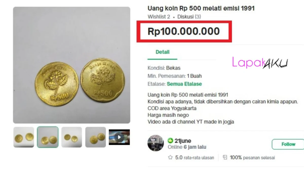 Uang Koin Rp 500 Melati Emisi 1991 Dijual Rp100 Juta di Tokopedia